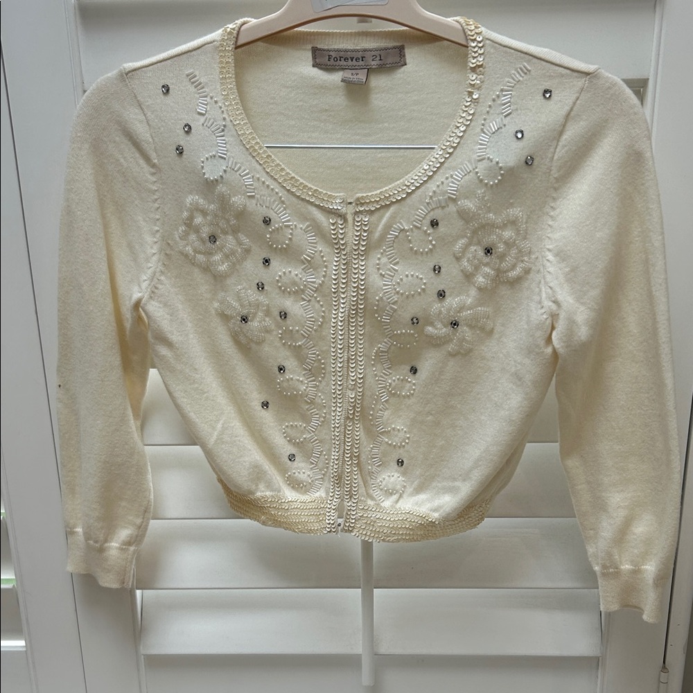 Forever 21 Cream Embellished Cropped Cardigan